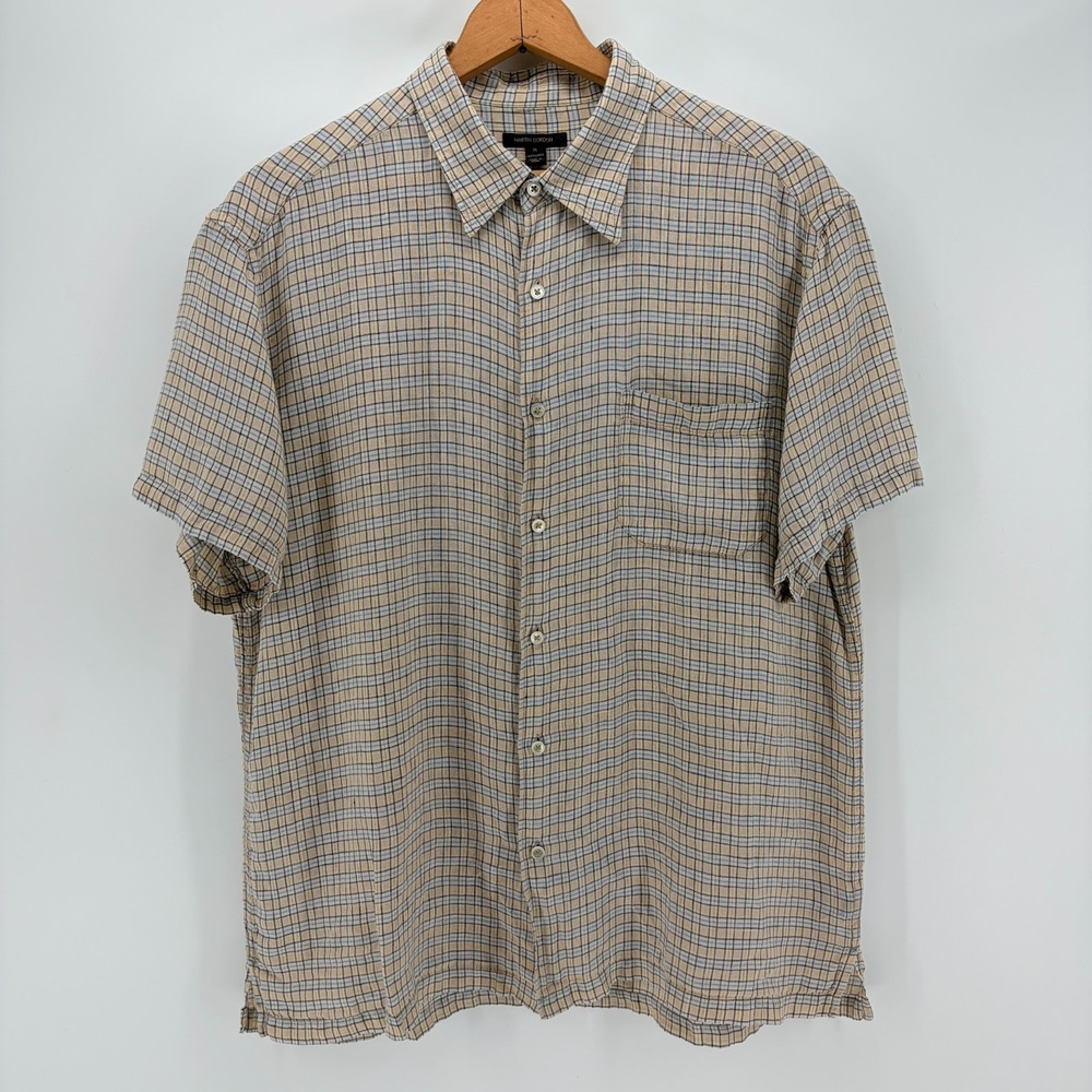 Martin Gordon Linen Shirt Short Sleeve Plaid Button Front Coastal Summer XL